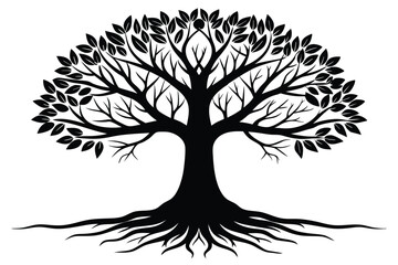Obraz premium Stylized Silhouette of a Tree with Leaves and Roots in Black and White