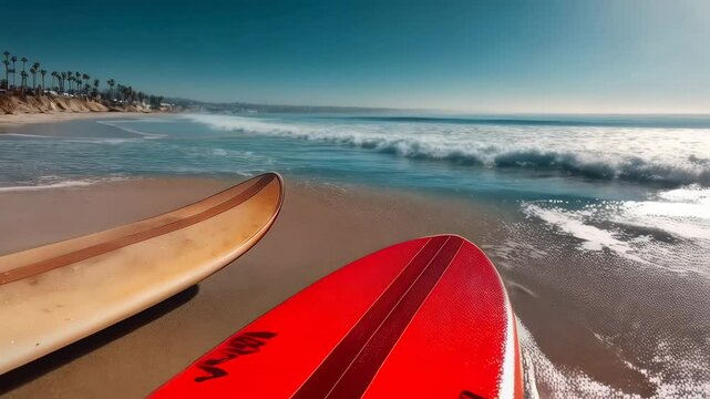 Sunlit Surfboards on Ocean Shore