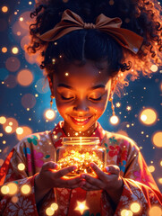 Joyful Girl Holding Jar of Magical Lights, Fantasy Childhood Scene with Sparkling Glow and Dreamy Atmosphere, Whimsical Storytelling Illustration