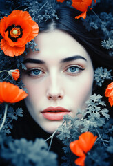 Beautiful Woman with Blue Eyes Surrounded by Vibrant Red Poppies, Artistic Floral Portrait with Contrasting Colors, Romantic Concept Photography.