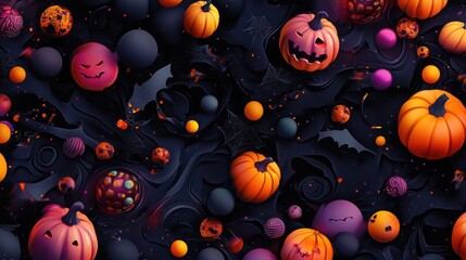 Halloween Pumpkin Party: Spooky 3D Render with Pumpkins, Bats, and Spheres