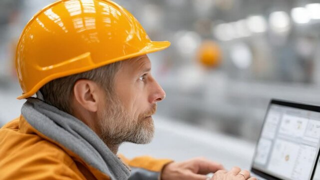 Precision and Purpose: A seasoned professional, adorned in protective headgear, meticulously monitors digital interfaces within an industrial facility. This image embodies diligence and expertise.