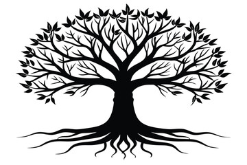 Black Silhouette of Deciduous Tree with Roots and Leaves, Tree of Life Graphic