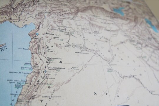 Ancient map featuring the regions of Syria, Mesopotamia, and the Near East. Shows cities like Antioch, Damascus, and Babylon with rivers, mountains, and biblical territories in historical context.
