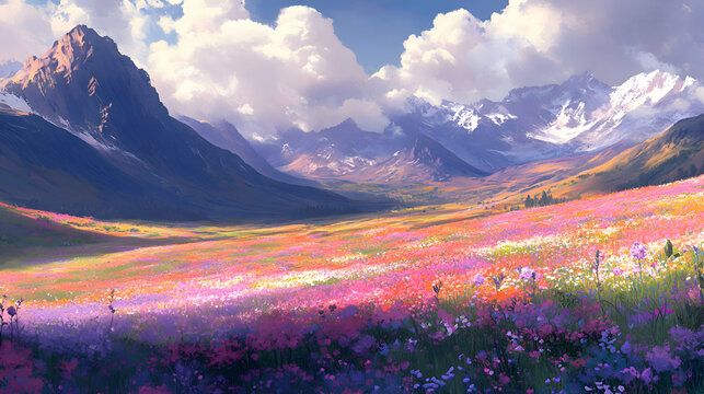 A scenic landscape of rolling hills covered in colorful spring blooms, with soft clouds overhead
