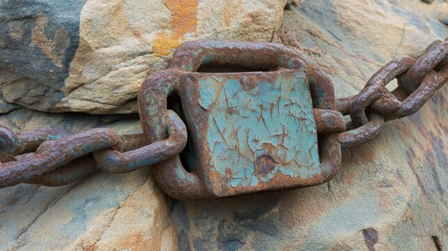 Rusty chain and lock on rough stone security durability and age concept