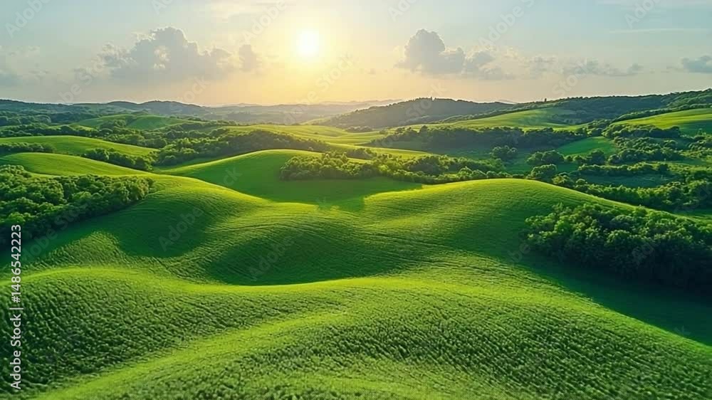 Poster rolling green landscape: an eye-level shot of rolling hills and vibrant green fields bathed in warm 