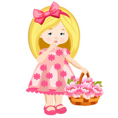 girl in a pink dress with a basket of flowers in her hand