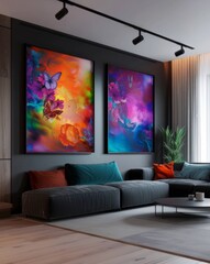 Vibrant Butterfly Canvas Set: Two large, vibrant canvas prints featuring abstract butterflies and floral designs add a touch of color and whimsy to a modern living room setting.