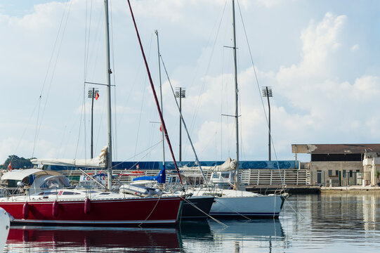 Boats in the dock near the shore of the calm morning sea blue tones