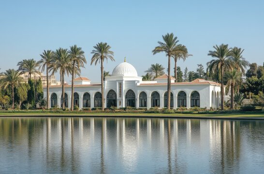 Elegant white building by a tranquil lake