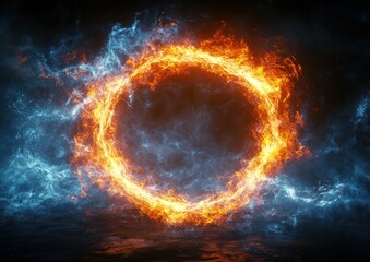 Fototapeta premium Circular fiery frame against a backdrop of swirling ice.