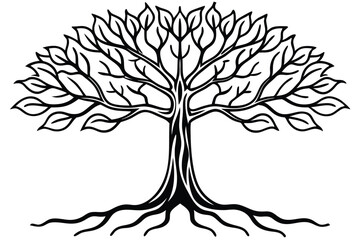 Obraz premium Stylized Black and White Tree of Life Graphic Illustration with Roots and Leaves
