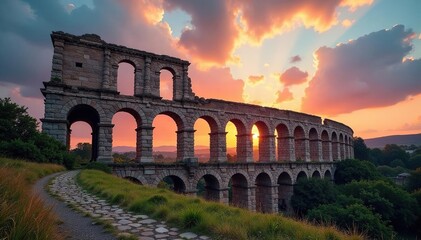 Obraz premium Ruins of a Roman aqueduct stand against a dramatic sky , imperial, civilization