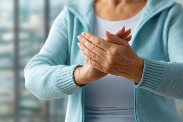 Elderly person practicing hand exercises indoors for improved flexibility and comfort in the morning