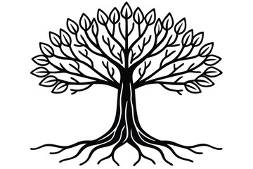 Stylized Tree Silhouette with Leaves and Roots Illustration, Representing Nature and Growth