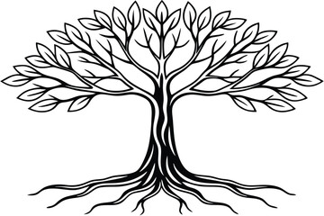 Black and White Illustration of a Full Tree with Roots and Leaves