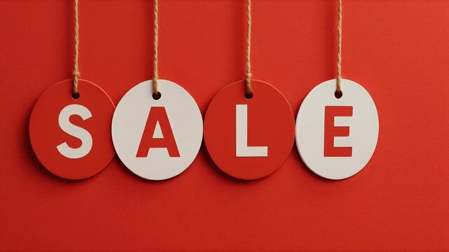 Christmas sale tags hanging on red background for holiday promotions