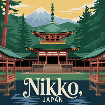 Nikko Japan Vintage Poster with Temple and Mountains