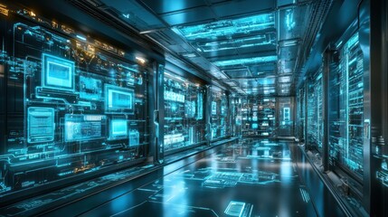 Obraz premium Futuristic digital corridor glowing cyan interface data stream walls floor