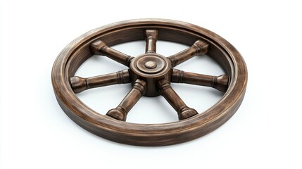 Obraz premium Dark brown wooden wagon wheel isolated on white background.