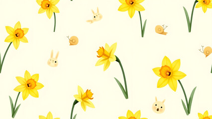Cheerful daffodil field pattern with hidden animals, bright spring theme for baby rooms and happy decor.