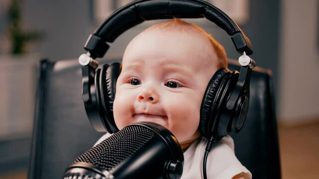 Baby podcasting adventure: adorable caucasian infant with headphones exploring microphone