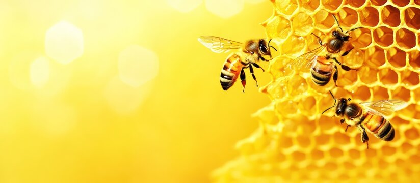 Macro closeup of a honey bee on a yellow honeycomb, collecting pollen in a vibrant summer garden