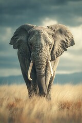 Obraz premium Grand elephant in grassy landscape with majestic sunny setting 