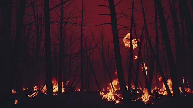 Intense woodland fire spreading through forest