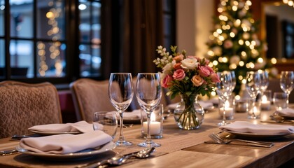 Elegant Christmas Dinner Table Setting with Wine Glasses and Flowers