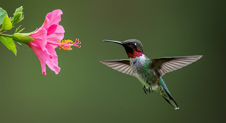 Fototapeta premium Ruby-throated Hummingbird Hovering Near Vibrant Pink Hibiscus Flower