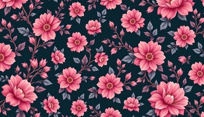 Seamless Pink Floral Pattern Background Dark Teal Elegant Flowers Botanical