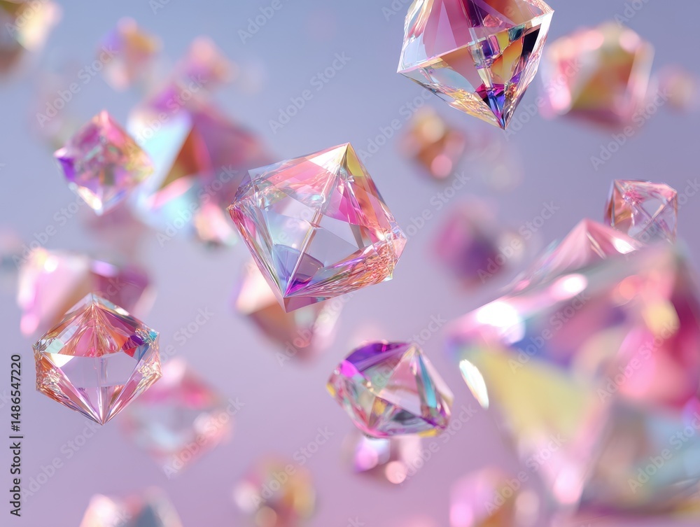 Poster vibrant floating crystal shapes with reflections and light effects on a soft color background for ar