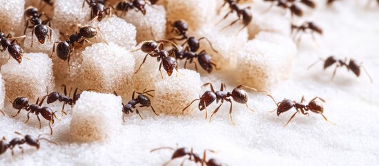 Black ants, small insects with antennae, closeup macro nature on white