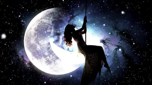 Silhouette of a woman on a pole swing in front of a large crescent moon