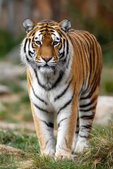 Grand tiger stands confidently in natural grass with bold stripes  

