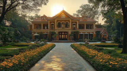 Elegant mansion with gardens at dawn.