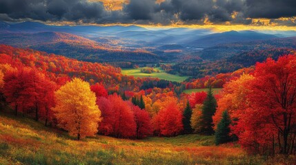 Fototapeta premium Colorful autumnal vista of a mountainous valley.