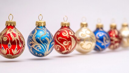 Festive Christmas baubles in a row.