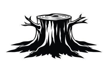 Silhouette Illustration of a Detailed Tree Stump with Rings and Branches