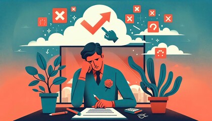 Stressed professional drafting resume, experiencing career disappointment while struggling with self doubt and employment challenges