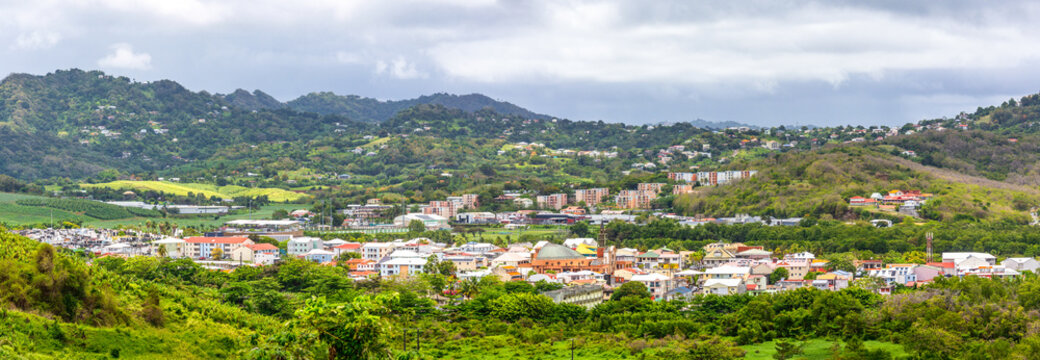 Le Francois town panorama in Martinique, France as viewed from the route N6. Le Francois is a town and commune in the arrondissement of Le Marin on Martinique