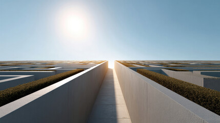 A perspective view of a maze with high walls and bright sunlight shining