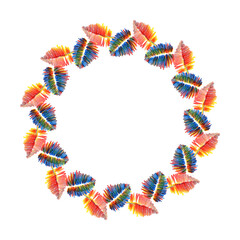 a circular frame of leaves a drawing in colored pencils an isolated illustration on a white background