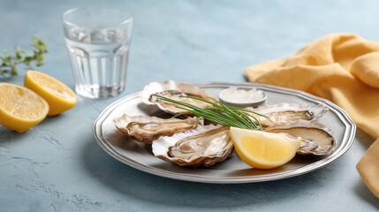 Fresh oysters served on a silver plate with lemon, chives, salt, water