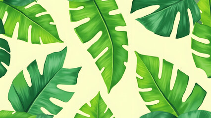 Tropical banana leaf pattern, lively jungle theme for kids' rooms and educational rainforest projects.