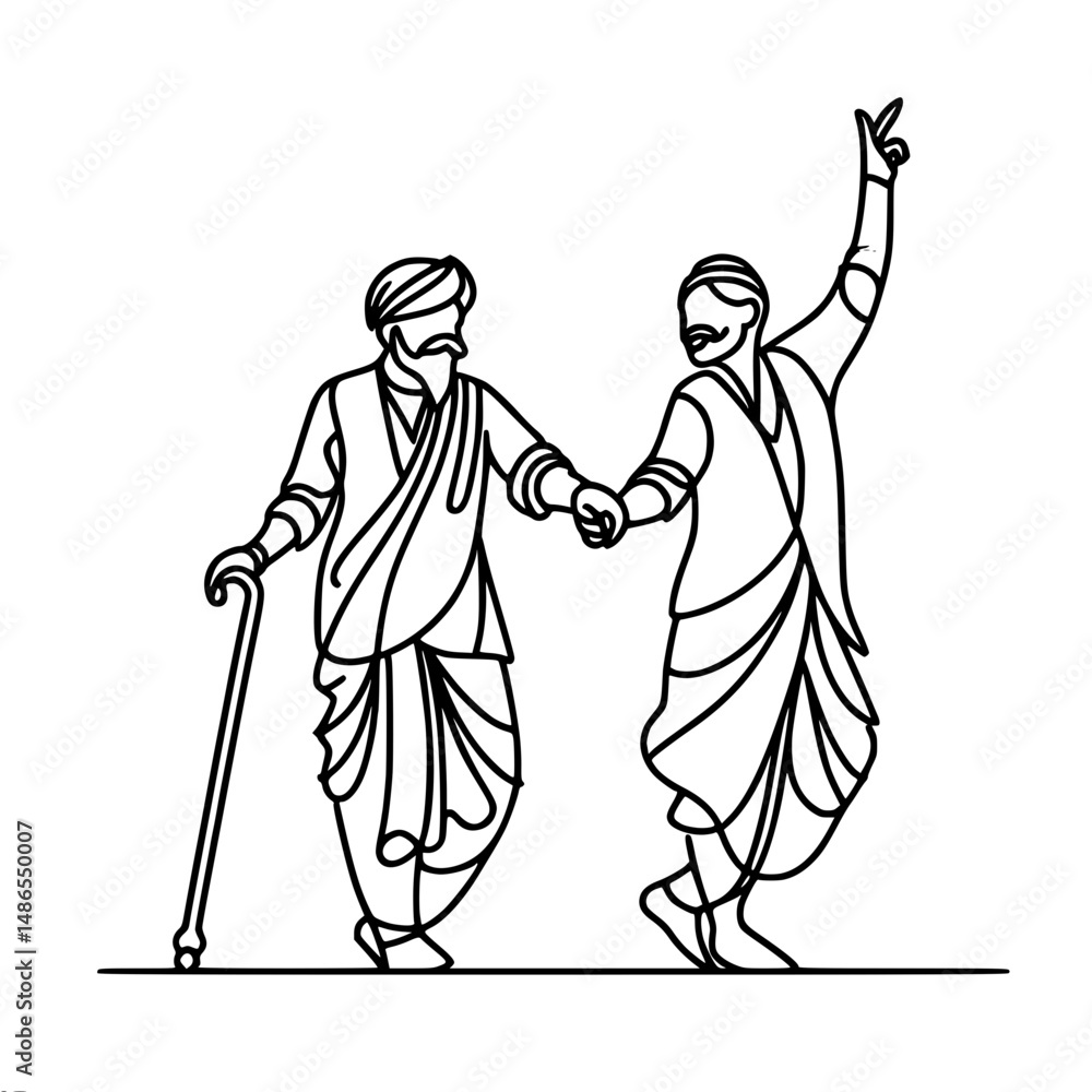 Poster two men in fancy outfits dancing together in simple linear vector style