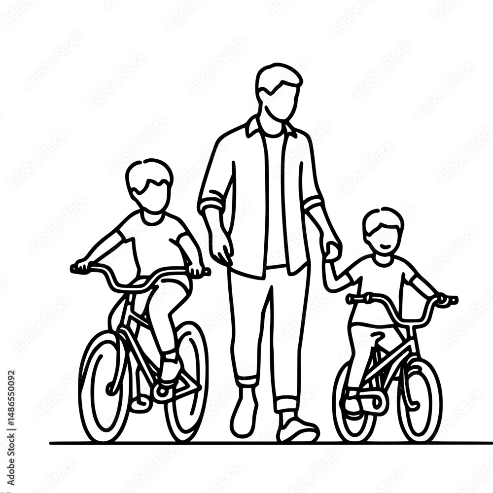 Poster father walking with two children on bicycles holding hands in simple linear style, vector outline of