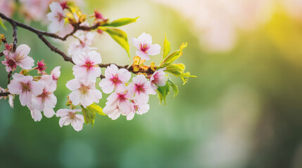 Delicate cherry blossom branch in full bloom, kissed by warm sunlight, soft background